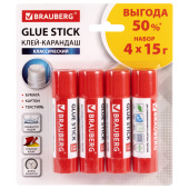 Клей-карандаш 15 г ВЫГОДНАЯ УПАКОВКА BRAUBERG, 4 штуки на блистере, 229471 за 188 ₽. Клей-карандаш.  Доставка по РФ. Без переплат!