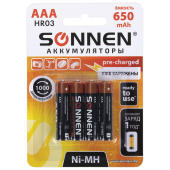 Батарейки аккумуляторные Ni-Mh мизинчиковые КОМПЛЕКТ 4 шт., AAA (HR03) 650 mAh, SONNEN, 455609 за 369 ₽. Аккумуляторные батарейки.  Доставка по РФ. Без переплат!