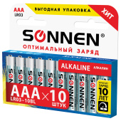 Батарейки КОМПЛЕКТ 10 шт, SONNEN Alkaline, AAA (LR03, 24А), алкалиновые, мизинчиковые, в коробке, 451089 за 190 ₽. Батарейки.  Доставка по РФ. Без переплат!