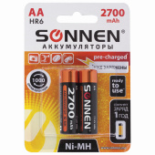 Батарейки аккумуляторные Ni-Mh пальчиковые КОМПЛЕКТ 2 шт., АА (HR6) 2700 mAh, SONNEN, 454235 за 569 ₽. Аккумуляторные батарейки.  Доставка по РФ. Без переплат!