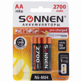 Батарейки аккумуляторные Ni-Mh пальчиковые КОМПЛЕКТ 2 шт., АА (HR6) 2700 mAh, SONNEN, 454235 за 479 ₽. Аккумуляторные батарейки.  Доставка по РФ. Без переплат!