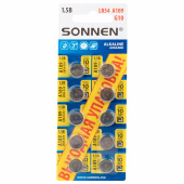 Батарейки алкалиновые "таблетка" КОМПЛЕКТ 10 шт., SONNEN Alkaline 189A (G10, LR54), в блистере, 457136 за 82 ₽. Батарейки.  Доставка по РФ. Без переплат!
