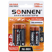 Батарейки аккумуляторные Ni-Mh пальчиковые / мизинчиковые НАБОР 8 шт. (AA+ААА) 2700/1000 mAh, SONNEN, 455612 за 1&nbsp;128 ₽. Аккумуляторные батарейки.  Доставка по РФ. Без переплат!