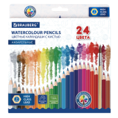 Карандаши цветные акварельные BRAUBERG 24 цвета с КИСТЬЮ, шестигранные, грифель 3 мм, натуральное дерево, 181849 за 332 ₽. Карандаши цветные акварельные.  Доставка по РФ. Без переплат!