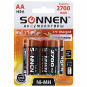 Батарейки аккумуляторные Ni-Mh пальчиковые КОМПЛЕКТ 6 шт., АА (HR6) 2700 mAh, SONNEN, 455608 за 1&nbsp;427 ₽. Аккумуляторные батарейки.  Доставка по РФ. Без переплат!