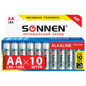 Батарейки КОМПЛЕКТ 10 шт., SONNEN Alkaline, АА (LR6, 15А), алкалиновые, пальчиковые, короб, 451086 за 193 ₽. Батарейки.  Доставка по РФ. Без переплат!