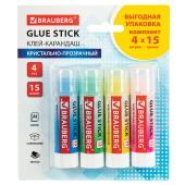 Клей-карандаш 15 г ВЫГОДНАЯ УПАКОВКА BRAUBERG "COLOR Crystal", 4 штуки на блистере, 271709 за 191 ₽. Клей-карандаш.  Доставка по РФ. Без переплат!