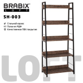 Стеллаж на металлокаркасе BRABIX "LOFT SH-003", 600х350х1500 мм, 5 полок, цвет морёный дуб, 641234 за 7&nbsp;711 ₽. Стеллажи мебельные на металлокаркасе "Loft".  Доставка по РФ. Без переплат!