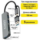 USB-хаб KG-089, Type-C 3.2 + адаптер USB-A 3.2, в/с, 5 в 1, 1 х USB-A 3.2, 2 x USB-A 2.0, 2 x SD/TF 2.0,135 мм, серый, KAIGO (КАЙГО), 355067 за 415 ₽. Хабы (разветвители) USB.  Доставка по РФ. Без переплат!