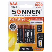 Батарейки аккумуляторные Ni-Mh мизинчиковые КОМПЛЕКТ 4 шт., AAA (HR03) 1000 mAh, SONNEN, 455610 за 539 ₽. Аккумуляторные батарейки.  Доставка по РФ. Без переплат!