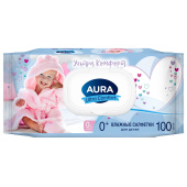 Салфетки влажные детские 100 шт., AURA Ultra Сomfort, гипоаллергенные, 0+, крышка клапан, 14588 за 102 ₽. Салфетки влажные детские.  Доставка по РФ. Без переплат!