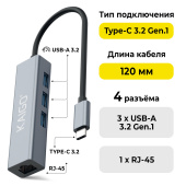 Хаб-разветвитель KG-096A, Type-C 3.2, высокоскоростной, 4 в 1, 3 х USB-A 3.2, 1 x RJ-45, 120 мм, серый, KAIGO (КАЙГО) SMART, 355061 за 1&nbsp;040 ₽. Хабы (разветвители) USB.  Доставка по РФ. Без переплат!