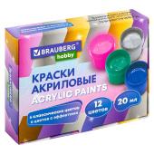 Краски акриловые для рисования и творчества 12 цветов по 20 мл (6 базовых + 6 с эффектами) BRAUBERG HOBBY, 192439 за 490 ₽. Краски акриловые для рисования и хобби.  Доставка по РФ. Без переплат!