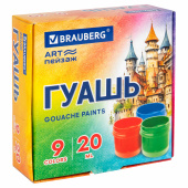 Гуашь BRAUBERG "ART ПЕЙЗАЖ", 9 цветов по 20 мл, 192556 за 145 ₽. Гуашь школьная.  Доставка по РФ. Без переплат!