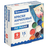 Краски акриловые по ткани 9 цветов по 15 мл, BRAUBERG, 192691 за 334 ₽. Краски по ткани.  Доставка по РФ. Без переплат!