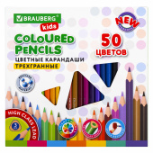 Карандаши цветные BRAUBERG KIDS NEW, 50 цветов, трехгранные, грифель 3 мм, 182004 за 397 ₽. Карандаши цветные.  Доставка по РФ. Без переплат!