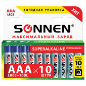 Батарейки КОМПЛЕКТ 10 шт., SONNEN Super Alkaline, AAA (LR03, 24А), алкалиновые, мизинчиковые, короб, 454232 за 224 ₽. Батарейки.  Доставка по РФ. Без переплат!