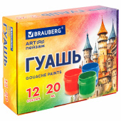 Гуашь BRAUBERG "ЗАМОК", 12 цветов по 20 мл, 192558 за 207 ₽. Гуашь школьная.  Доставка по РФ. Без переплат!