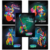 Тетрадь А5, 48 л., BRAUBERG, скоба, клетка, матовая ламинация, выборочный лак, "Animals Pop-Art" (микс в спайке), 404374 за 50 ₽. Тетради 40-48 листов.  Доставка по РФ. Без переплат!