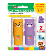 Ручка-корректор 7 мл, ВЫГОДНАЯ УПАКОВКА, КОМПЛЕКТ 2 штуки, BRAUBERG KIDS "ЗВЕРЯТА", металлический наконечник, 274230 за 117 ₽. Корректирующие ручки.  Доставка по РФ. Без переплат!