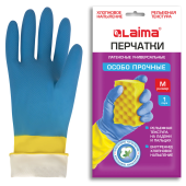 Перчатки МНОГОРАЗОВЫЕ латексные LAIMA "БИКОЛОР", сине-желтые, ОСОБО ПРОЧНЫЕ, хлопковое напыление, размер M (средний), вес 55 г, 700542 за 84 ₽. Перчатки для защиты от химических воздействий.  Доставка по РФ. Без переплат!