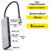 USB-хаб KG-153A, Type-C 3.2, в/с, 6 в 1, 1хUSB-A 3.2, 1xUSB-A 2.0, 2xSD/TF 2.0, 1xHDMI,1xType-C PD 3.0, 150 мм, серый, KAIGO (КАЙГО), 355068 за 956 ₽. Хабы (разветвители) USB.  Доставка по РФ. Без переплат!