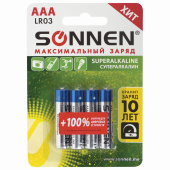 Батарейки КОМПЛЕКТ 4 шт., SONNEN Super Alkaline, AAA (LR03, 24А), алкалиновые, мизинчиковые, в блистере, 451096 за 106 ₽. Батарейки.  Доставка по РФ. Без переплат!