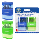 Точилки с ластиком 2 в 1 BRAUBERG "Double", НАБОР 2 ШТУКИ, 2 отверстия, синяя и зеленая, блистер, 271995 за 243 ₽. Точилки ручные.  Доставка по РФ. Без переплат!