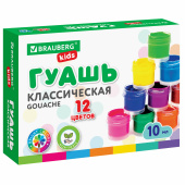 Гуашь BRAUBERG KIDS "NEW", 12 цветов по 10 мл, 192368 за 155 ₽. Гуашь школьная.  Доставка по РФ. Без переплат!