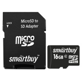 Карта памяти microSDHC, 16 GB, SMARTBUY, 10 Мб/сек. (class 10), с адаптером, SB16GBSDCL10-01 за 669 ₽. Карты памяти.  Доставка по РФ. Без переплат!