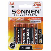 Батарейки аккумуляторные Ni-Mh пальчиковые КОМПЛЕКТ 4 шт., АА (HR6) 2700 mAh, SONNEN, 455607 за 940 ₽. Аккумуляторные батарейки.  Доставка по РФ. Без переплат!