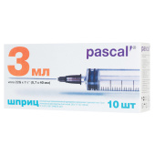 Шприц 3-х компонентный PASCAL, 3 мл, КОМПЛЕКТ 10 шт., в коробке, игла 0,7х40 - 22G, 120307 за 94 ₽. Шприцы медицинские.  Доставка по РФ. Без переплат!