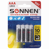 Батарейки КОМПЛЕКТ 4 шт., SONNEN Alkaline, AAA (LR03, 24А), алкалиновые, мизинчиковые, в блистере, 451088 за 77 ₽. Батарейки.  Доставка по РФ. Без переплат!