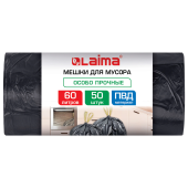 Мешки для мусора с завязками 60 л, черные, в рулоне 50 шт., особо прочные, ПВД 30 мкм, 60x68 см, LAIMA, 702659 за 427 ₽. Мешки для мусора универсальные.  Доставка по РФ. Без переплат!