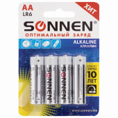Батарейки КОМПЛЕКТ 4 шт., SONNEN Alkaline, АА (LR6, 15А), алкалиновые, пальчиковые, блистер, 451085 за 116 ₽. Батарейки.  Доставка по РФ. Без переплат!