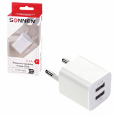 Зарядное устройство сетевое (220В) SONNEN, 2 порта USB, выходной ток 2,1 А, белое, 454797 за 374 ₽. Зарядные устройства для портативной электроники.  Доставка по РФ. Без переплат!