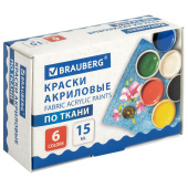 Краски акриловые по ткани 6 цветов по 15 мл, BRAUBERG, 192690 за 241 ₽. Краски по ткани.  Доставка по РФ. Без переплат!