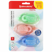 Корректирующая лента BRAUBERG PASTEL, 5 мм x 12 м, механизм перемотки, ВЫГОДНАЯ УПАКОВКА 3 штуки в блистере, 271252 за 312 ₽. Корректирующие ленты.  Доставка по РФ. Без переплат!