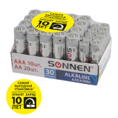 Батарейки КОМПЛЕКТ 30 (20+10) шт., SONNEN Alkaline, AA+ААА (LR6+LR03), в коробке, 455097 за 672 ₽. Батарейки.  Доставка по РФ. Без переплат!