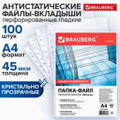 Папки-файлы перфорированные, А4, BRAUBERG "STANDARD", комплект 100 шт., гладкие, 45 мкм, 226831 за 431 ₽. Папки перфорированные.  Доставка по РФ. Без переплат!
