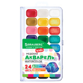 Краски акварельные BRAUBERG KIDS NEW, медовые, 24 цвета (18 базовых + 6 перламутр), квадратные кюветы, пластик. пенал с европодвесом, 192798 за 198 ₽. Акварель школьная.  Доставка по РФ. Без переплат!