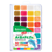 Краски акварельные BRAUBERG KIDS NEW, медовые, 32 цвета (24 базовых + 8 перламутр), квадратные кюветы, пластик. пенал с европодвесом, 192799 за 237 ₽. Акварель школьная.  Доставка по РФ. Без переплат!