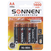Батарейки аккумуляторные Ni-Mh пальчиковые КОМПЛЕКТ 4 шт., АА (HR6) 1600 mAh, SONNEN, 455605 за 580 ₽. Аккумуляторные батарейки.  Доставка по РФ. Без переплат!
