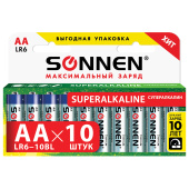 Батарейки КОМПЛЕКТ 10 шт., SONNEN Super Alkaline, АА (LR6,15А), алкалиновые, пальчиковые, в коробке, 454231 за 318 ₽. Батарейки.  Доставка по РФ. Без переплат!