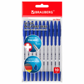 Ручки шариковые BRAUBERG "ULTRA", СИНИЕ, НАБОР 10 штук, корпус прозрачный, узел 1 мм, 143570 за 160 ₽. Ручки шариковые неавтоматические.  Доставка по РФ. Без переплат!