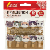 Прищепки декоративные "Котики", 10 штук, 3,5 см, ассорти, со шпагатом, ОСТРОВ СОКРОВИЩ, 662673 за 168 ₽. Прищепки для творчества.  Доставка по РФ. Без переплат!