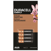 Батарейки КОМПЛЕКТ 4 шт. (отрывной блок), DURACELL Simply ОРИГИНАЛ, AAA (LR03,24А), алкалиновые, мизинчиковые, Б0046869 за 585 ₽. Батарейки.  Доставка по РФ. Без переплат!