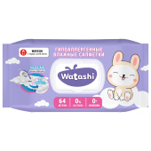 Салфетки влажные детские 64 шт., WATASHI, без спирта, 0+, с пластиковым клапаном, 12587 за 143 ₽. Салфетки влажные детские.  Доставка по РФ. Без переплат!