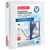 Папка ПАНОРАМА на 4 кольцах, ПРОЧНАЯ, картон/ПВХ, BRAUBERG "Office", БЕЛАЯ, 65 мм, до 400 листов, 271852 за 452 ₽. Папки на кольцах.  Доставка по РФ. Без переплат!