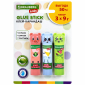 Клей-карандаш "Зверята: кошка, мышка, хрюшка", 9 г, фигурный колпачок, 3 шт./блистер, BRAUBERG KIDS, 271141 за 122 ₽. Клей-карандаш.  Доставка по РФ. Без переплат!